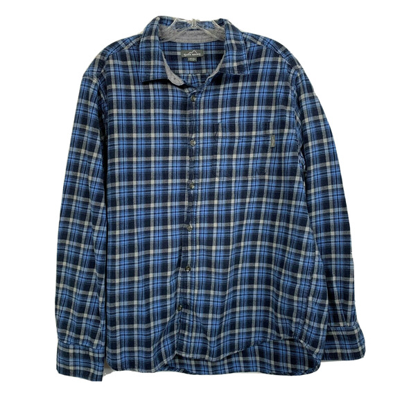 Eddie Bauer Shirt Mens Sz XL Blue Gray Flannel Plaid Button Up Cotton - Picture 1 of 11